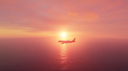 Fototapeta premium A serene airplane silhouette glides through a vibrant sunset over the ocean, casting a warm glow on the water's surface.