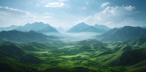 Serene Mountain Valley: A Breathtaking Panorama of Lush Greens and Misty Peaks