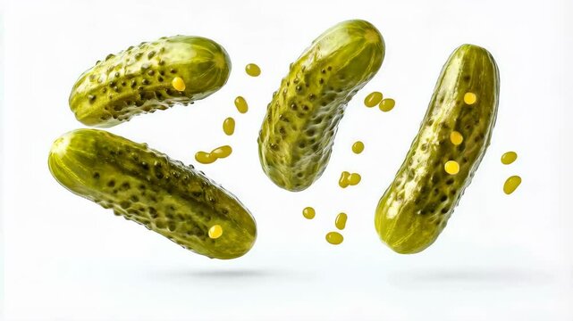 Floating pickles with falling slices in midair against a white background