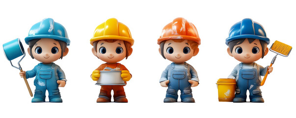 Obraz premium Four 3D Cartoon Painters Holding Tools Isolated on Transparent Background