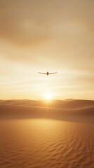Fototapeta premium A serene desert landscape at sunset, with a solitary bird soaring against a backdrop of warm golden hues.