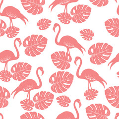 pink flamingo and tropical leaves silhouette pattern