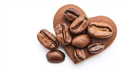 Obraz premium A heart-shaped chocolate piece with coffee beans arranged on top, symbolizing a love for coffee and sweet treats.