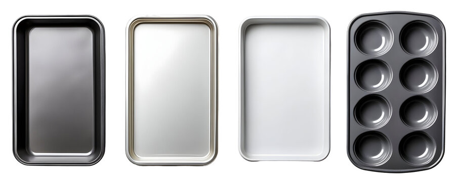 Four baking trays, isolated on a transparent background.  A dark grey rectangular tray, a light grey rectangular tray, a white rectangular tray, and a dark grey muffin tray, all sh