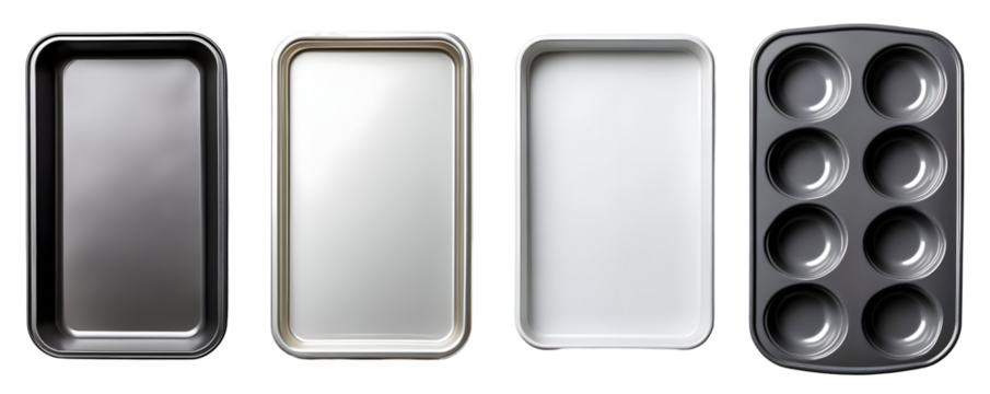 Four baking trays, isolated on a transparent background.  A dark grey rectangular tray, a light grey rectangular tray, a white rectangular tray, and a dark grey muffin tray, all sh