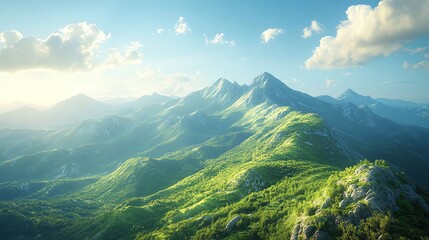 Fototapeta premium Serene Mountain Vista: Lush Green Slopes and Sunlit Peaks
