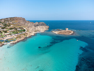 Aerial View of La Pelosa Beach in Sardegna (Sardinia), Italy - Mediterranean Paradise with Torre della Pelosa