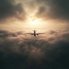 Naklejka premium A serene view of an airplane flying above the clouds, illuminated by soft sunlight breaking through the overcast sky.