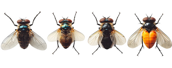 Four Flies with Varied Coloration Isolated on a Transparent Background