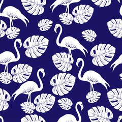 white flamingo tropical pattern on blue background