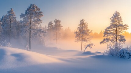 Winter wonderland at sunrise with snow-covered trees and a misty background
