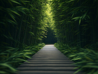 Lush bamboo path leading into a serene, green forest.