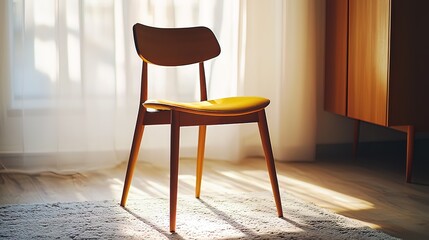 Yellow chair in sunlit room near window and wooden cabinet.