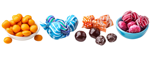 Colorful Candies and Sweets Arranged in Bowls Isolated on Transparent Background