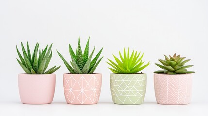 Fototapeta premium Collection of Four Decorative Succulent Plants in Modern Pots on White Background
