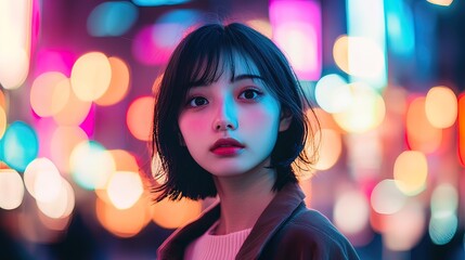 Young woman with bob haircut, gazing directly at the camera, vibrant city lights bokeh background.