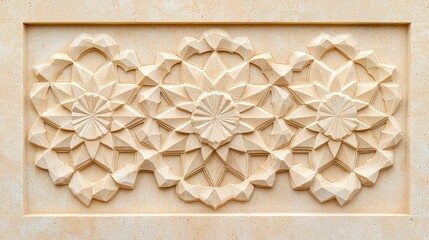 Intricate Stone Relief Carving Featuring Floral Patterns and Geometric Shapes in Warm Beige Tones