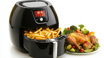 Sleek Black Air Fryer with Digital Display and Fries