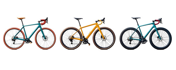 Obraz premium Three gravel bikes in teal, gold, and dark blue, isolated on a transparent background.
