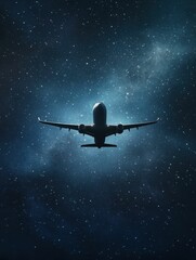 Obraz premium An airplane silhouette flying through a starry night sky, creating a serene and adventurous atmosphere.