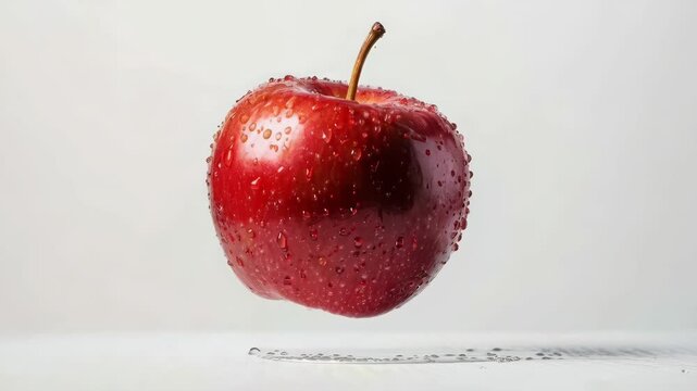 Red apple splashing and hovering with water droplets in slow motion