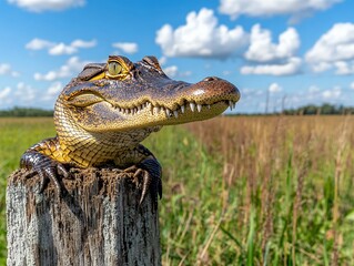 Obraz premium Young alligator resting on wooden post in lush landscape under blue sky with fluffy clouds