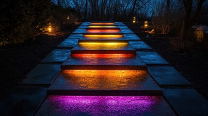 Fototapeta premium Colorful illuminated steps leading through a garden at dusk, creating a vibrant pathway with lanterns