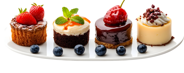 Four assorted mini cakes decorated with fresh fruit and garnishes arranged on a white plate isolated on transparent background.