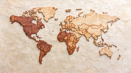 Naklejka premium Elegant World Map Made of Wooden Puzzles on Soft Textured Background for Creative Design Projects