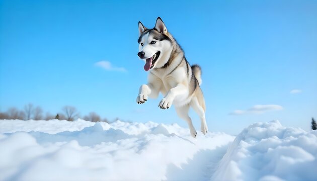 Siberian Husky Dog Jumping in Snow Winter Fun