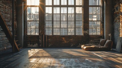 Large spacious loft room in dark colors in the rays of sunlight with big window. free lay-out