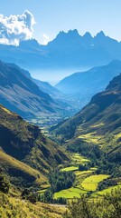 Andean Valley: Serene Landscape of Verdant Terraces and Majestic Peaks