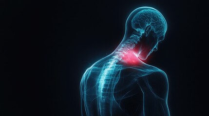 Anatomical illustration highlighting painful spinal and shoulder area.