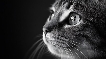 Close up black and white photography of a cat with zoom on Its face and black background