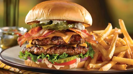 A gourmet burger with a juicy beef patty, melted cheese, and toppings