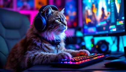 Gamer Cat with Headphones Playing on Keyboard