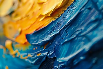 Abstract artistic macro photography of oil paint texture showing vibrant blue and yellow colors merging together, perfect for creative backgrounds and modern art designs.