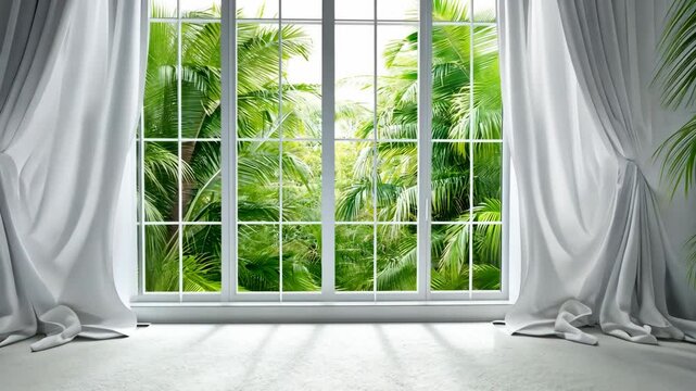 Lush green view from a bright interior with white curtains and soft carpet