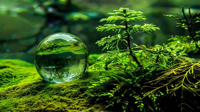 A green tree seen through the lens of a glass ball, creating a unique reflection