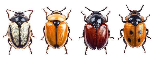 Four Colorful Beetles with Varying Patterns Isolated on a Transparent Background