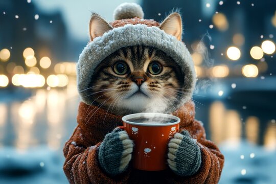 Problem of animal suffering. Sad cute adult cat siberian in winter warm clothes, holding hot tea with rising steam in paws. Social ad - animal care. Kitten thermal vest. Humanity winter drive.
