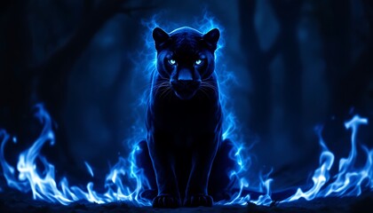 Majestic Black Panther in Blue Flames Digital Art