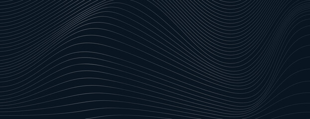 Naklejka premium Dark blue background with wavy line patterns. The background features a smooth, flowing texture with a deep blue color scheme. Wave background vector. Black background.