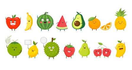 A colorful cartoon set of fruits and vegetables with a variety of healthy options like apple, banana, strawberry, lemon, and avocado
