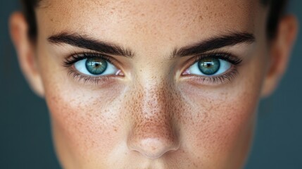 Fototapeta premium Intriguing Gaze: Close-up of piercing blue eyes with prominent freckles, conveying a sense of confidence and directness. 