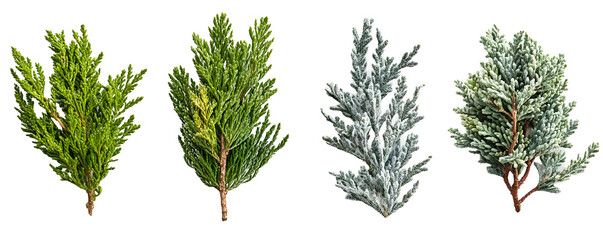 Four Evergreen Sprigs Isolated on Black Background, showcasing various shades of green and frosted textures. Ideal for design elements, holiday decorations, or winter themes.