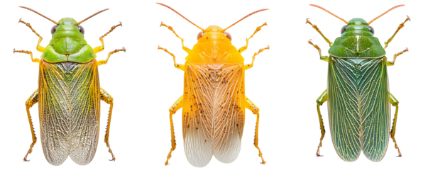Three Katydids in Green, Yellow, and Orange, Isolated on a Transparent Background