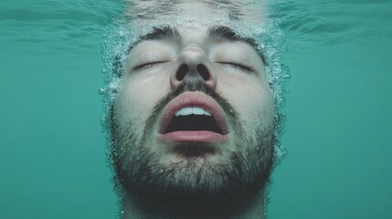 Submerged Serenity: A close-up portrait of a man with a beard and closed eyes submerged in water, his expression serene as he holds his breath, bubbles gently escaping around him.