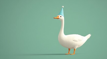 Fototapeta premium Abstract illustration background of a painting showcase a white happy goose with fluffy feather wears a birthday hat stands against a green background 