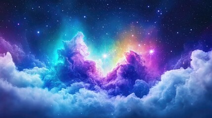 Obraz premium Colorful nebula above clouds, cosmic landscape, night sky, fantasy art, for websites
